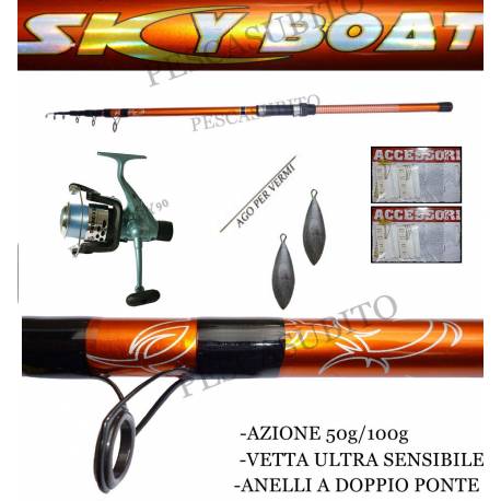 kit bolentino basso fondale canna skyboat 2.70m + mulinello sword 5000 + filo + ago + 2 piombi + 4 montature