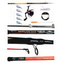kit pesca serra canna mulinello puntale filo elastico 6 cavetti acciaio con ami filo 200mt 0.40mm ago innesco 5 piombi 100g