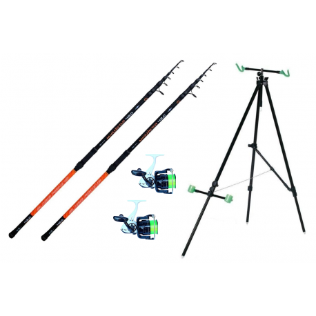 Super Kit Surfcasting 2 Canne, 2 Mulinelli con Filo, Tripode Expert